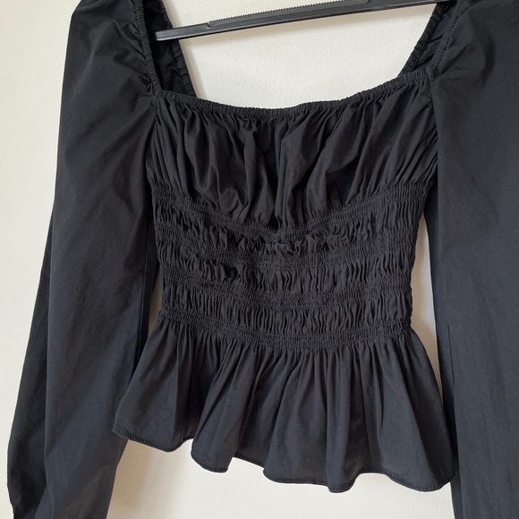 Staud Jules Puff Sleeve Peplum Smocked Top Womens Small Black - Picture 4 of 11